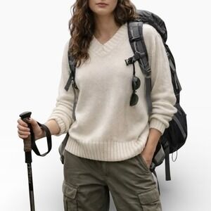 Natural Reflections Cream V-Neck Knit Sweater Mens Large Off White Ribbed Trim